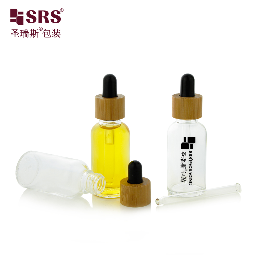 Custom Frosted Essential Oil Empty Packaging 15ml 30ml 50ml 100ml Bamboo Dropper Bottle